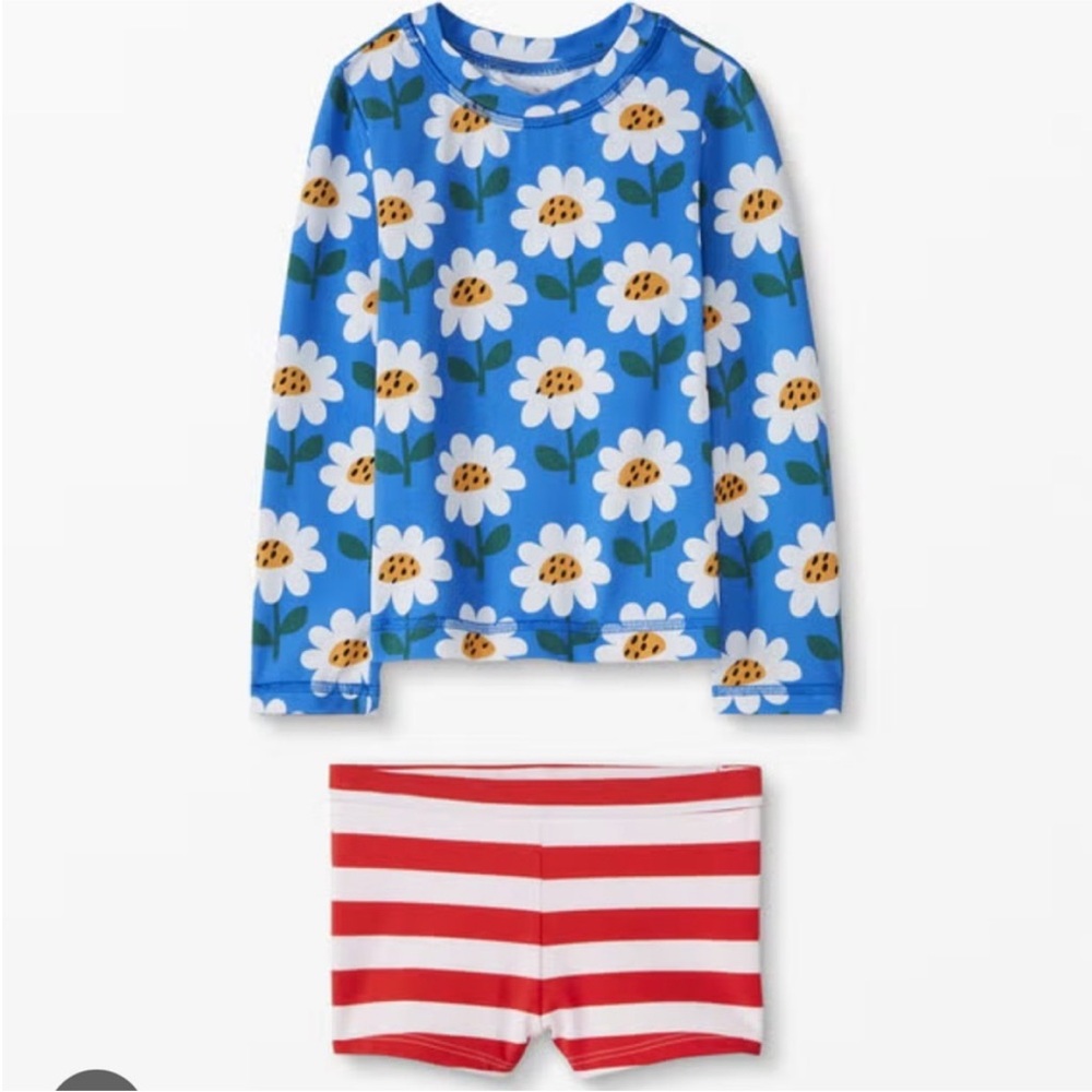 Daisy Floral Long Sleeve Rash guard in Equator Blue with Red Stripe Boy Shorts